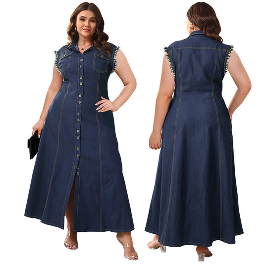 Button Cardigan Denim Long Dress For Women
