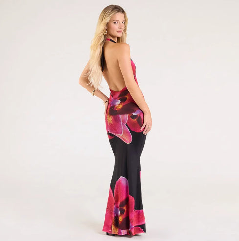 Halter Floral Mesh Backless Maxi Dress