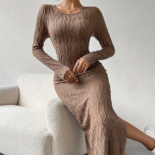 Women's Crew Neck Long Sleeve Ribbed Dress Side Slit Knit Bodycon Midi Dress