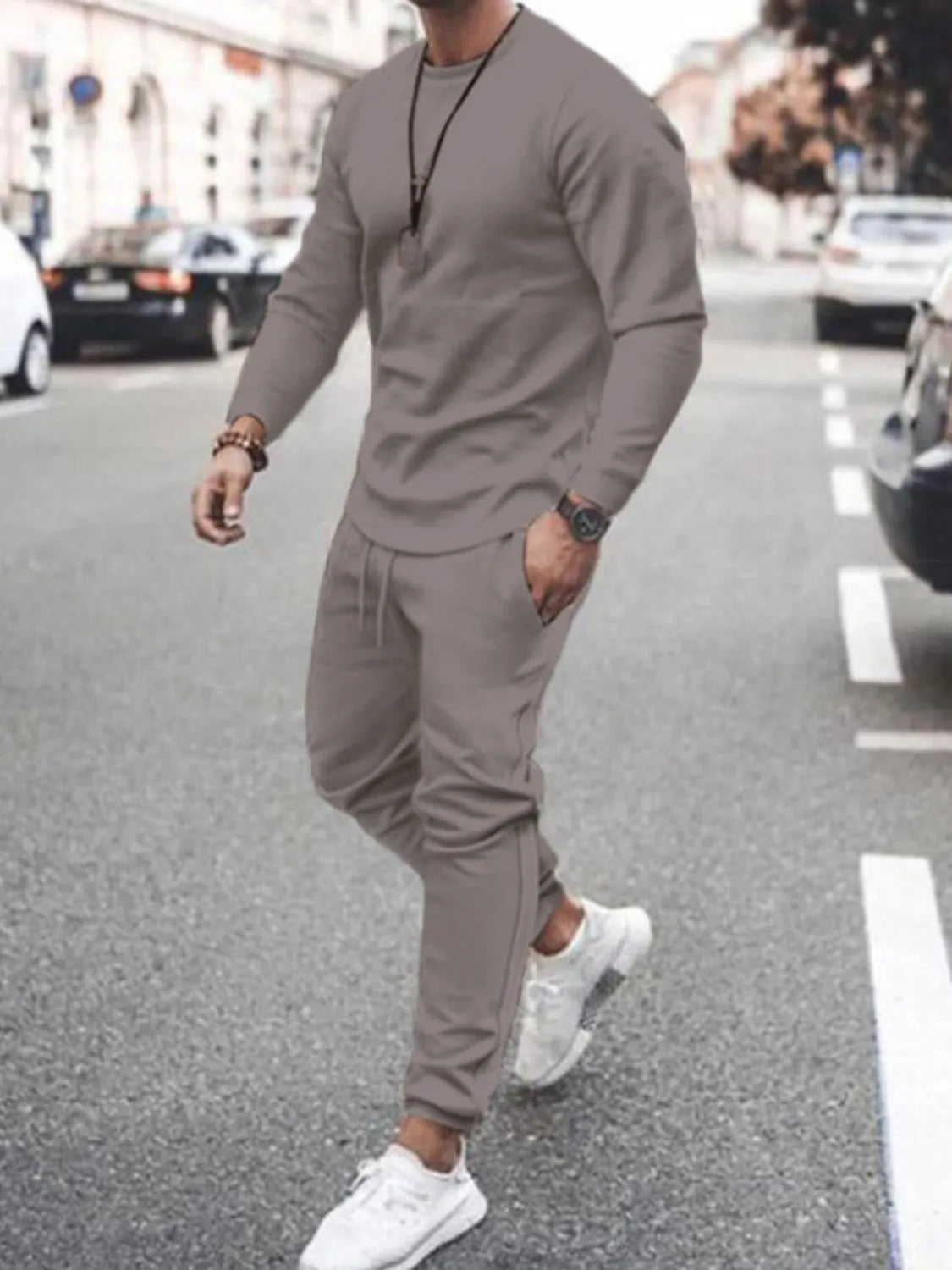 Men's Full Size Round Neck Long Sleeve Top and Pants Set Plus Size