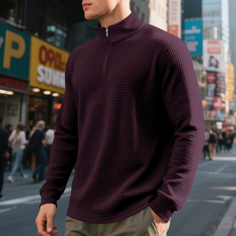 Men's Stand Collar Half Zip Small Plaid Sweater