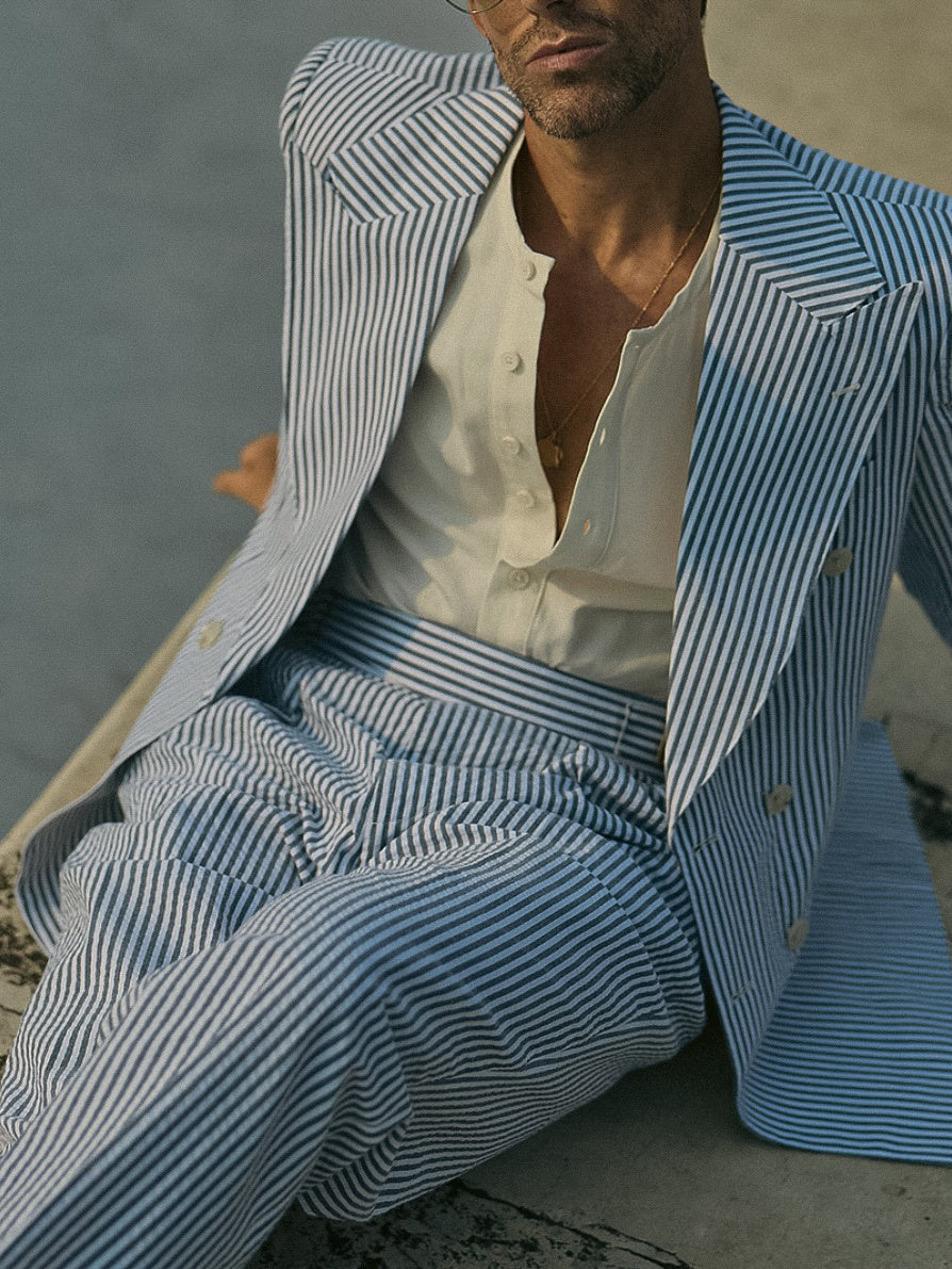 Men's Blue And White Striped Suit Set