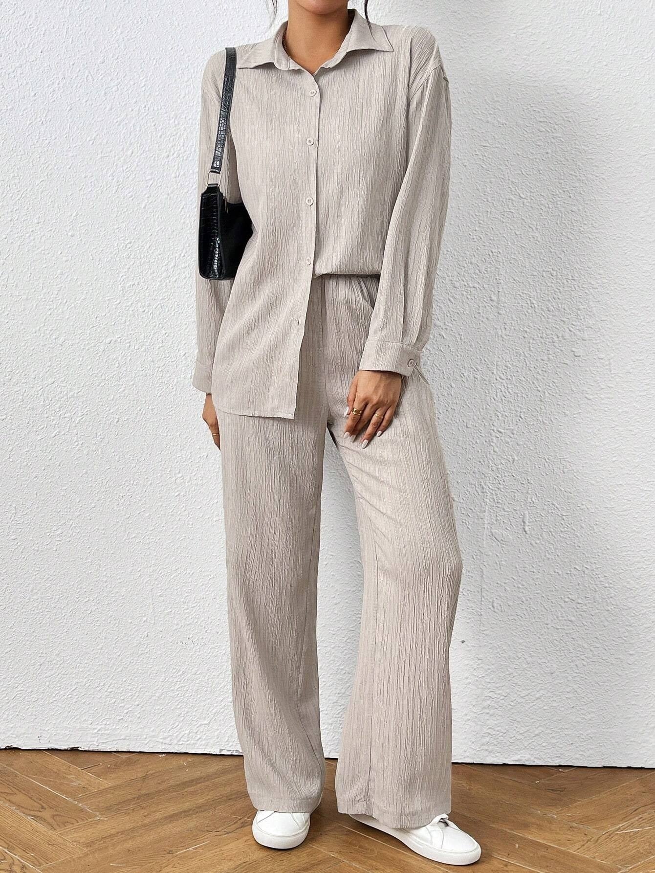 Solid Color Long Sleeved Shirt And Pants Set