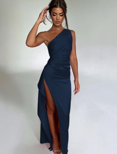 One-shoulder Backless Slit Dress formal Elegant Slim-fit Solid Color Satin Dresses For Women