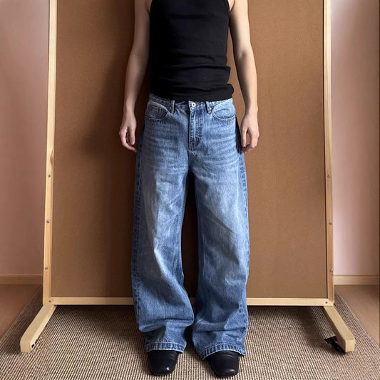 Men's Washed Distressed A- Line Loose Straight Jeans