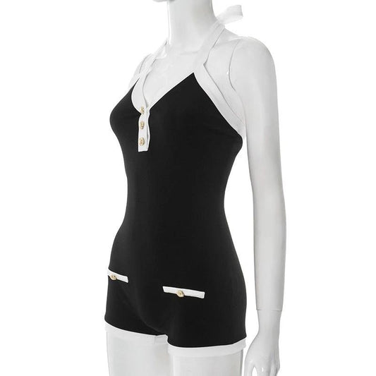 Contrast Color V-neck Halter Lace-up Backless Fastener Decoration Super Short Shorts Jumpsuit by GJG Denim