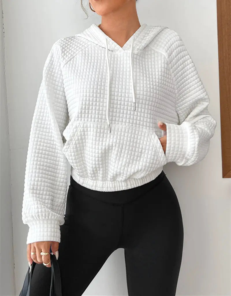 Women's Hooded Long-sleeved Patchwork Waffle Sweater by GJG Denim