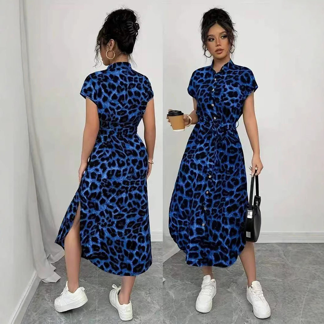 Leopard Print Front Button Shirt Belt Bow Shirt For Women