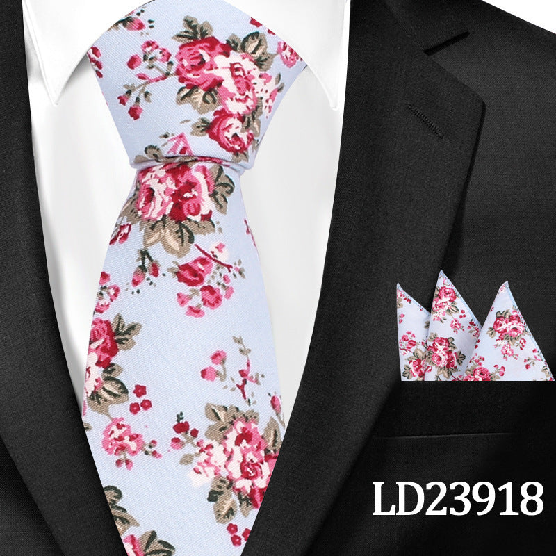 Men's Casual Cotton Floral Print 6cm Tie and Pocket Square