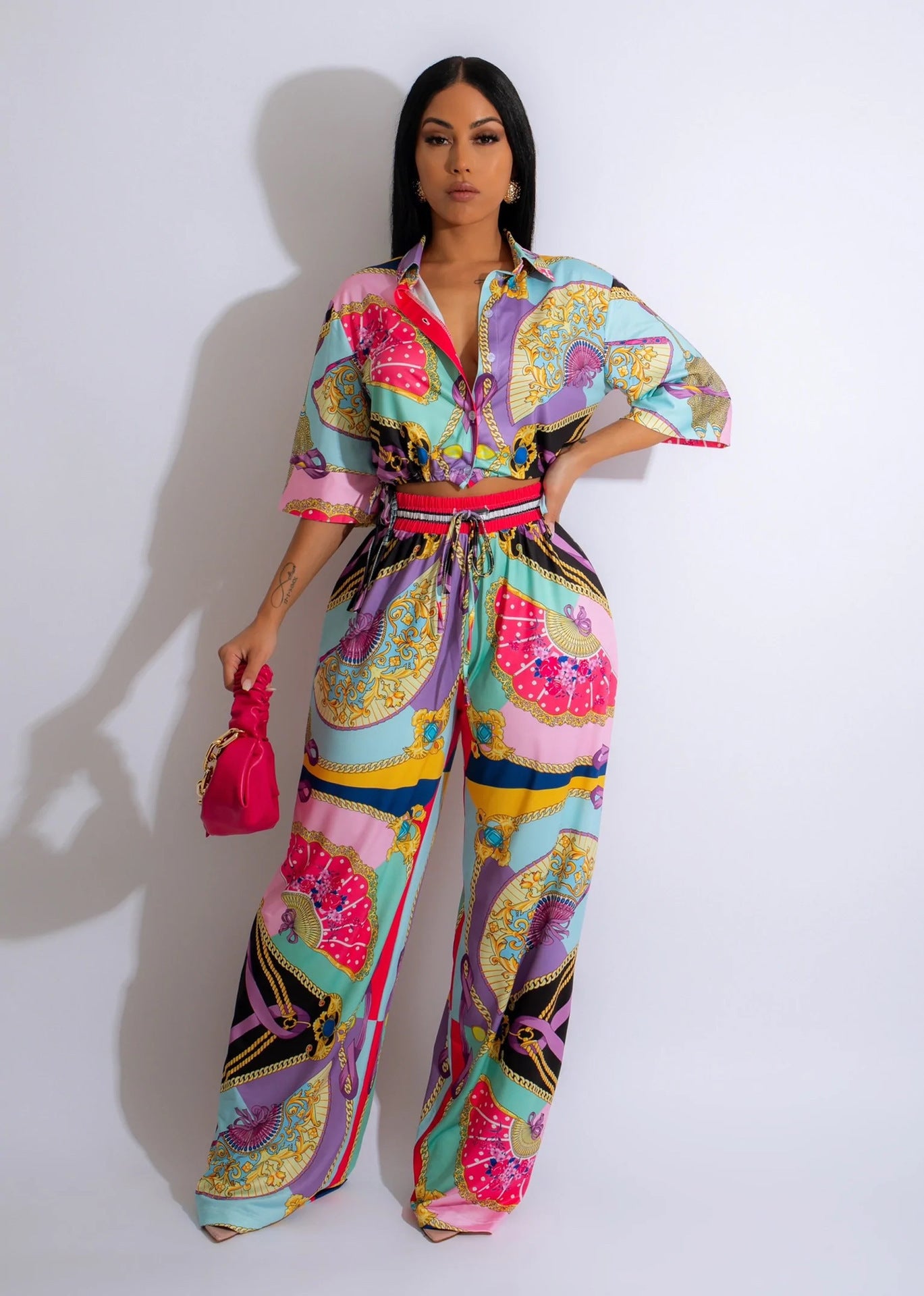 Fan Pattern Printed Short Sleeve Set