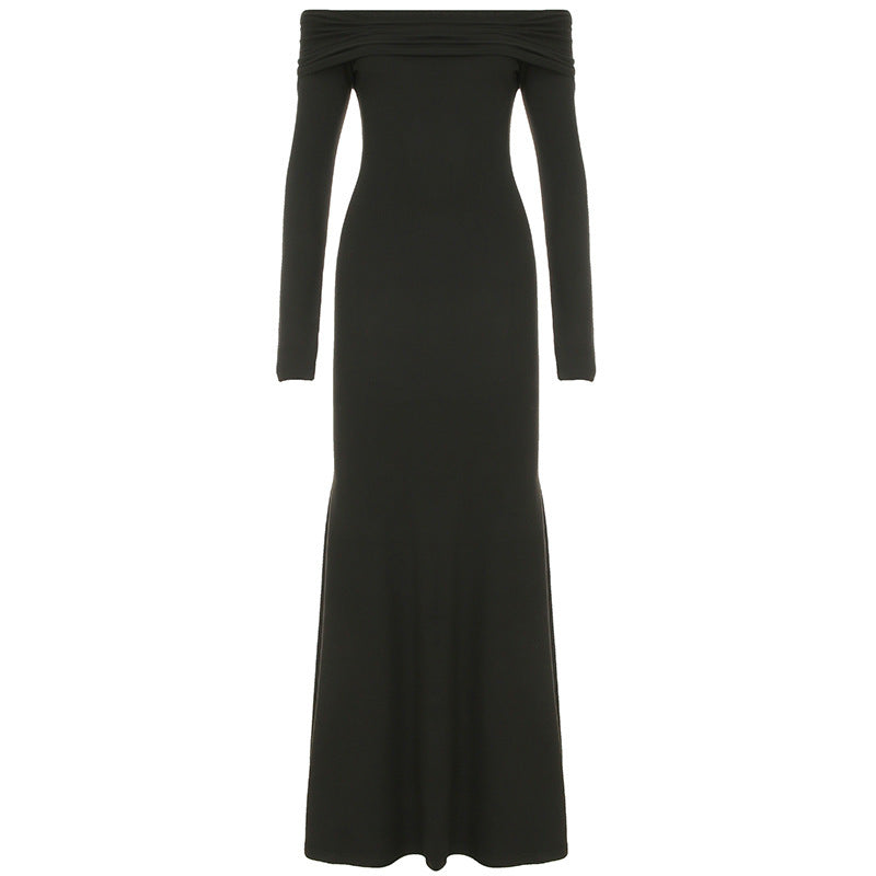 Black Off-shoulder Long Sleeve Sheath Fishtail Dress