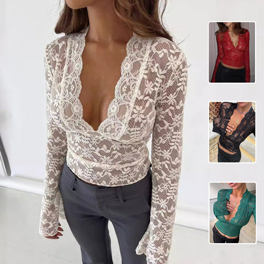 Flowers Lace Long Sleeve Top Y2K Fashion Slim Bottoming Shirt Top Women's Clothing by GJG Denim
