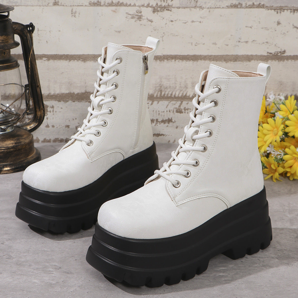 Women's Three-layer Platform Plus Round Toe Patchwork Retro Cool Martin Boots