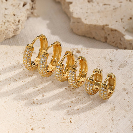 Three-row Drill Wide Face Circle Ear Clip Retro High-grade Sterling Silver Stud Earrings