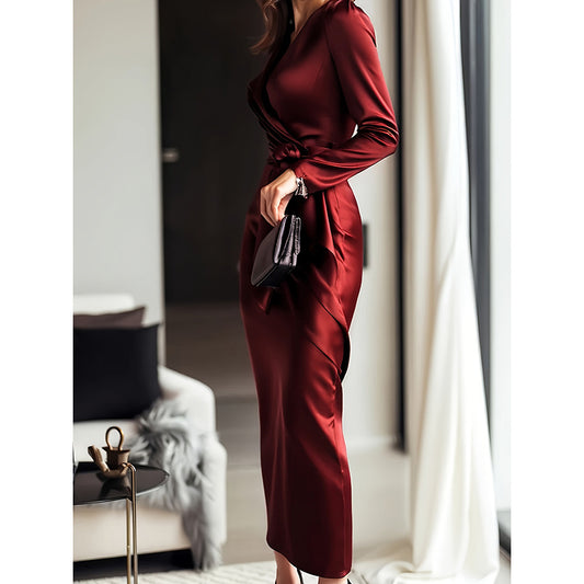 Women's Burgundy Satin Midi Dress Elegant V-Neck Long Sleeve Bodycon Dress With Belted Waist