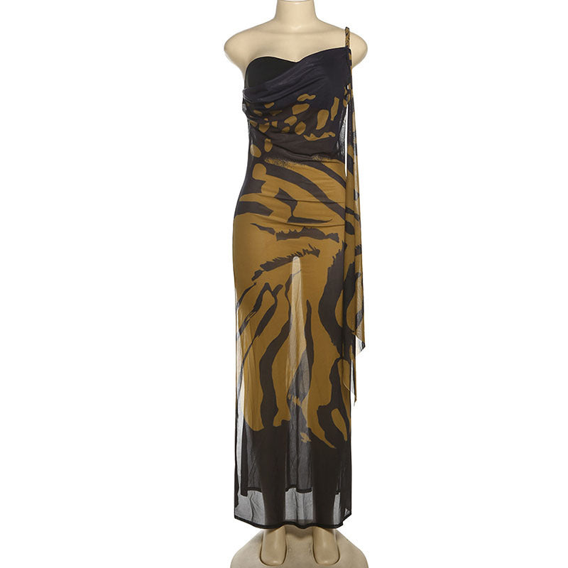Elegant One Shoulder Printing Color Contrast Mesh Slim Fit Slimming Dress