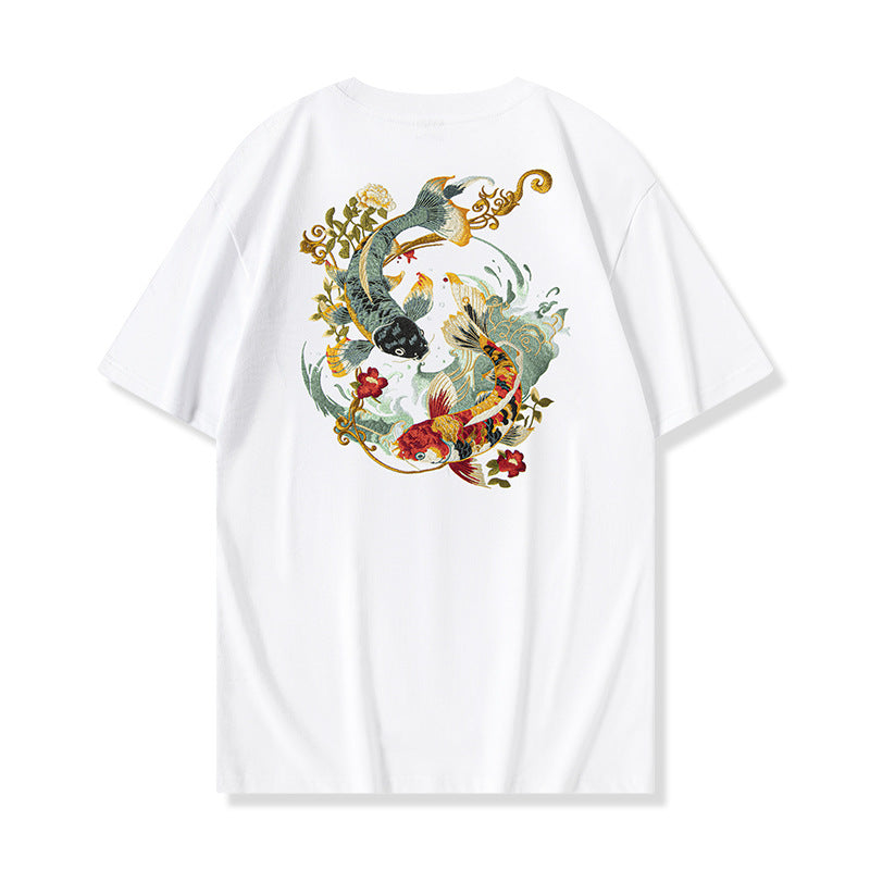 Loose Embroidered Floral Koi Short-sleeved T-shirt For Boys