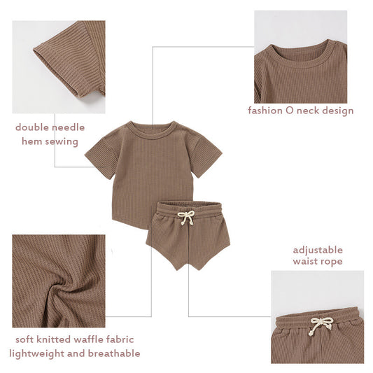 Children's Short-sleeved Suit Solid Color Baby Short Sleeve Two-piece Suit