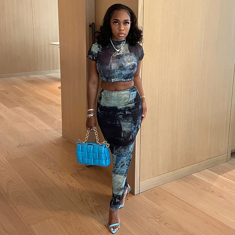 Round Neck Crop Top High Waist Hip Skirt Set