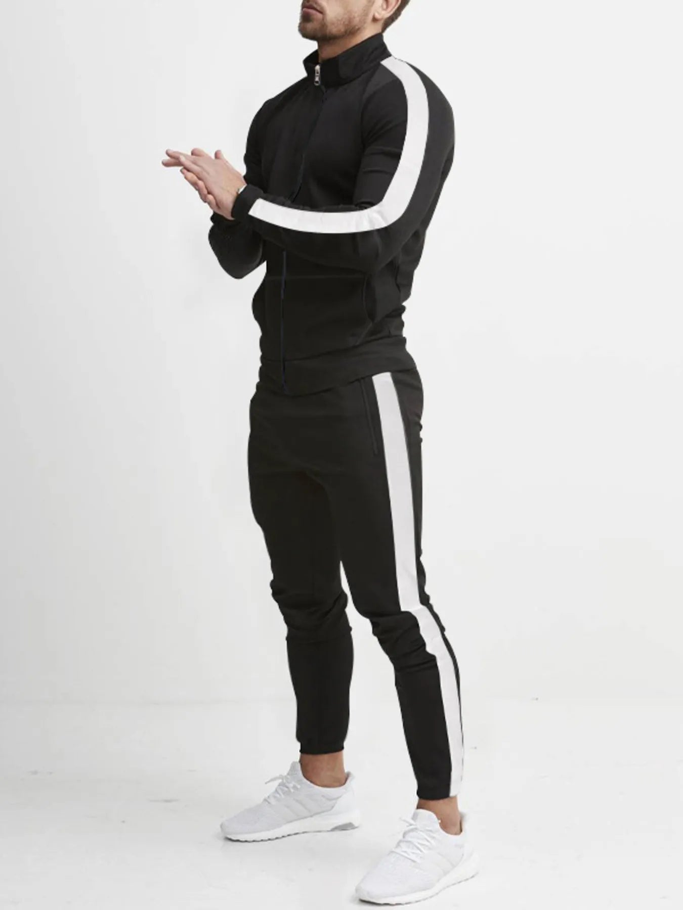 Men's Full Size Side Stripes Zip Up Top and Pants Set Plus Size