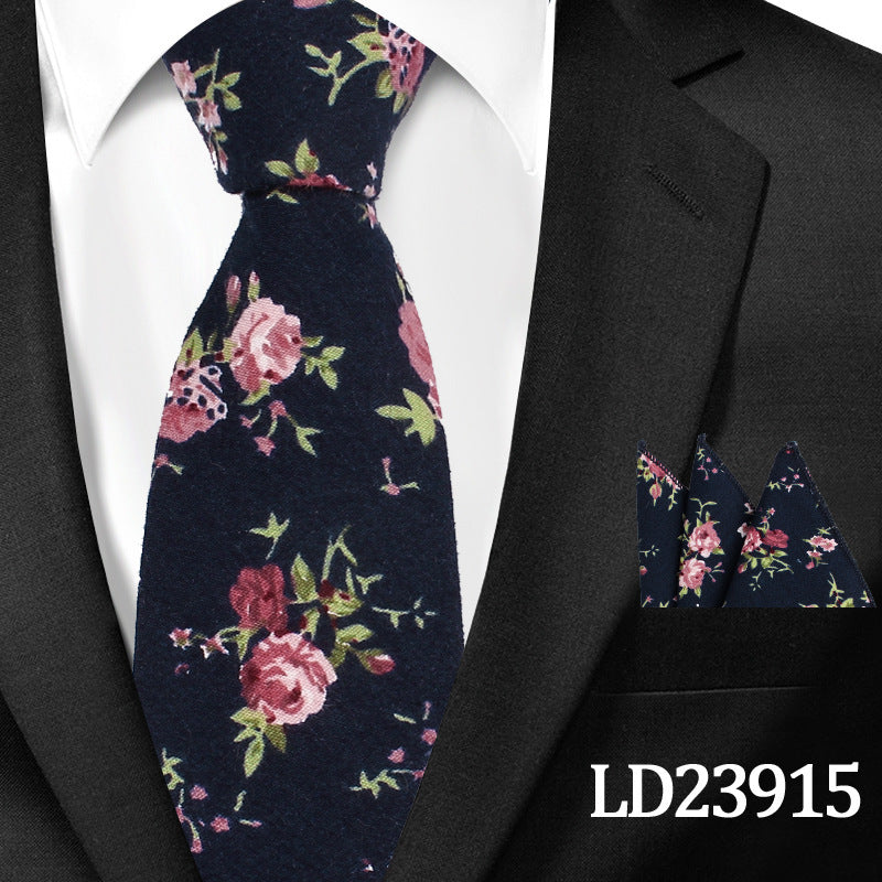 Men's Casual Cotton Floral Print 6cm Tie and Pocket Square