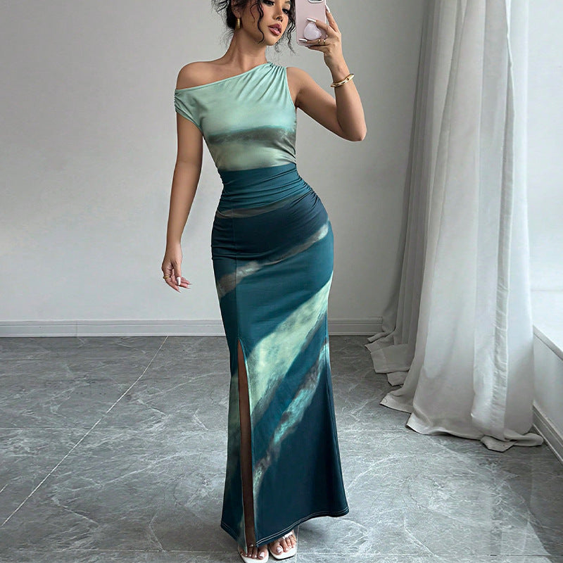 European And American Contrast Color Slim Fit Dress Slant Shoulder