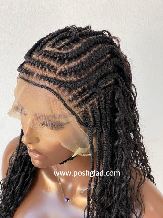French Braid Bohemian Cornrow Wig, 100% Human Hair, Full Lace, Black Color - Dash (Tara)