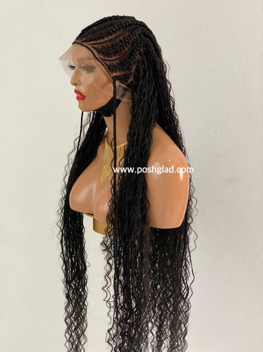 French Cornrow Bohemian Wig, Swiss Full Lace, Black, Waist Length, Standard Density - Leviana