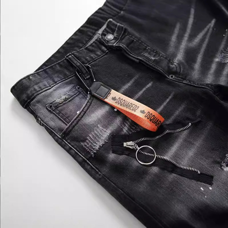 Men's Black And Gray Paint Hole Zipper Decorations Jeans