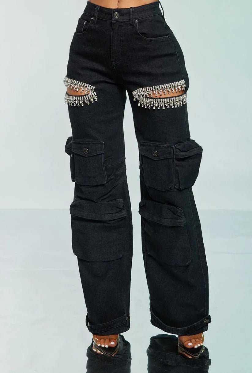 Thigh Hollow-out Rhinestone Decorations Cargo Multi-pocket Stretch Jeans