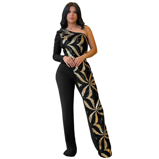 Women Wear Elegant Bodycon One Shoulder Bead Bag Arm Jumpsuit