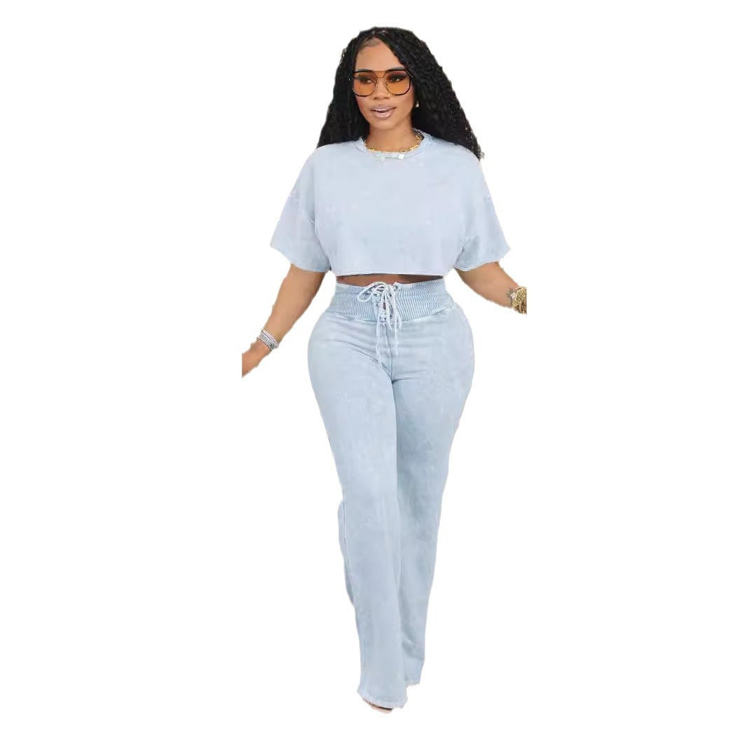 Leisure Commuter Daily Tie-dyed Short Women's Round Neck Top Lace-up Two-piece Pants