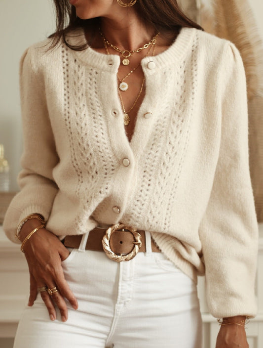 Women Autumn Winter Elegant Solid Color Knitted Cardigan Crocheted Hollow Out Cutout out Long Sleeve Single Breasted Sweater Coat