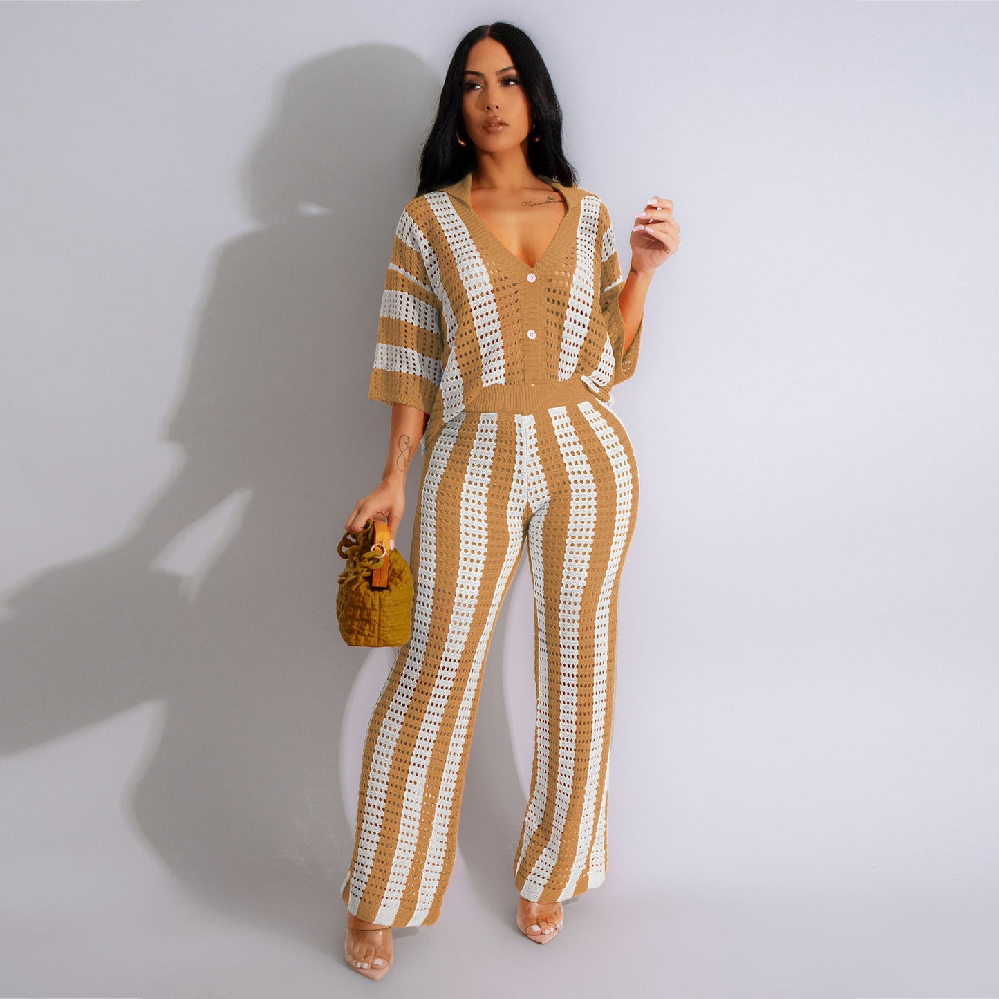 V-neck Striped Knitted Blouse And Pants
