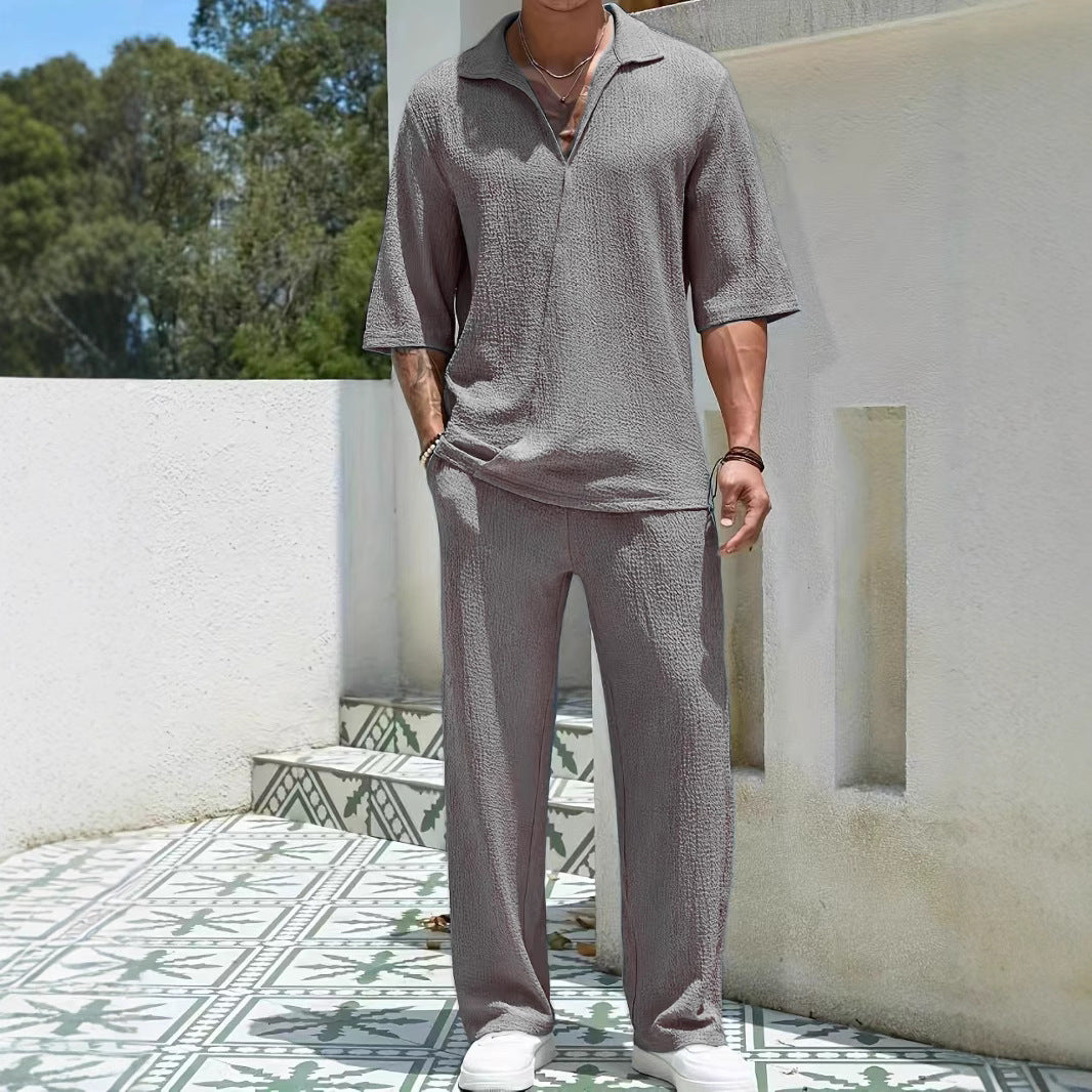Commuter Men's Casual Shirt Solid Color Half Sleeve Trousers Two-piece Suit