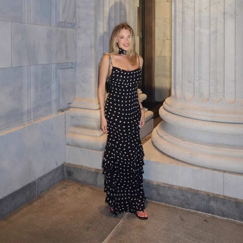 Sleeveless Polka Dot Scarf Ruffled Spaghetti Straps Dress set