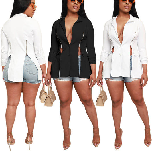 Fashionable With Side-slit Long-sleeve Zipper Lapel Suit