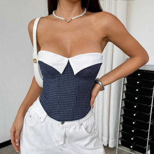 Plaid Stitching Contrast Color Office Niche Wear Sexy Lacing Backless Boning Corset Tube Top