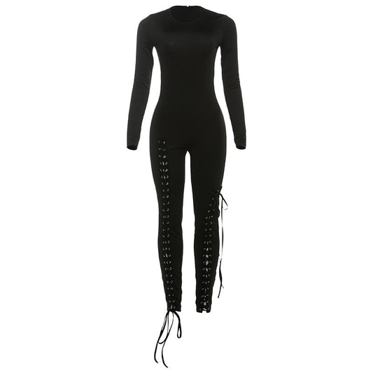 Fall Sexy Solid Color Waist Tight Hollow Out Cutout out Strap Tight Jumpsuit