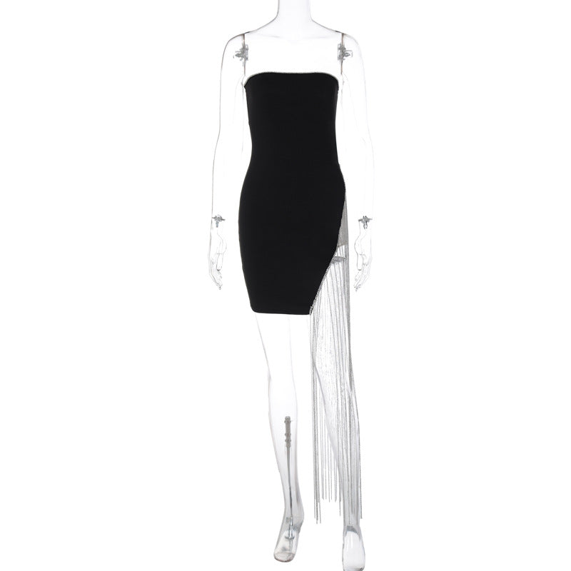 Solid Color Chest Wrap Adult Lady Like Woman Style Stitching Tassel Split Dress