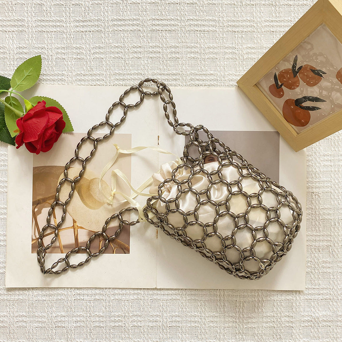 Handmade Beaded Hollow Out Cutout Bag Minority Simple Woven Finished Handbag