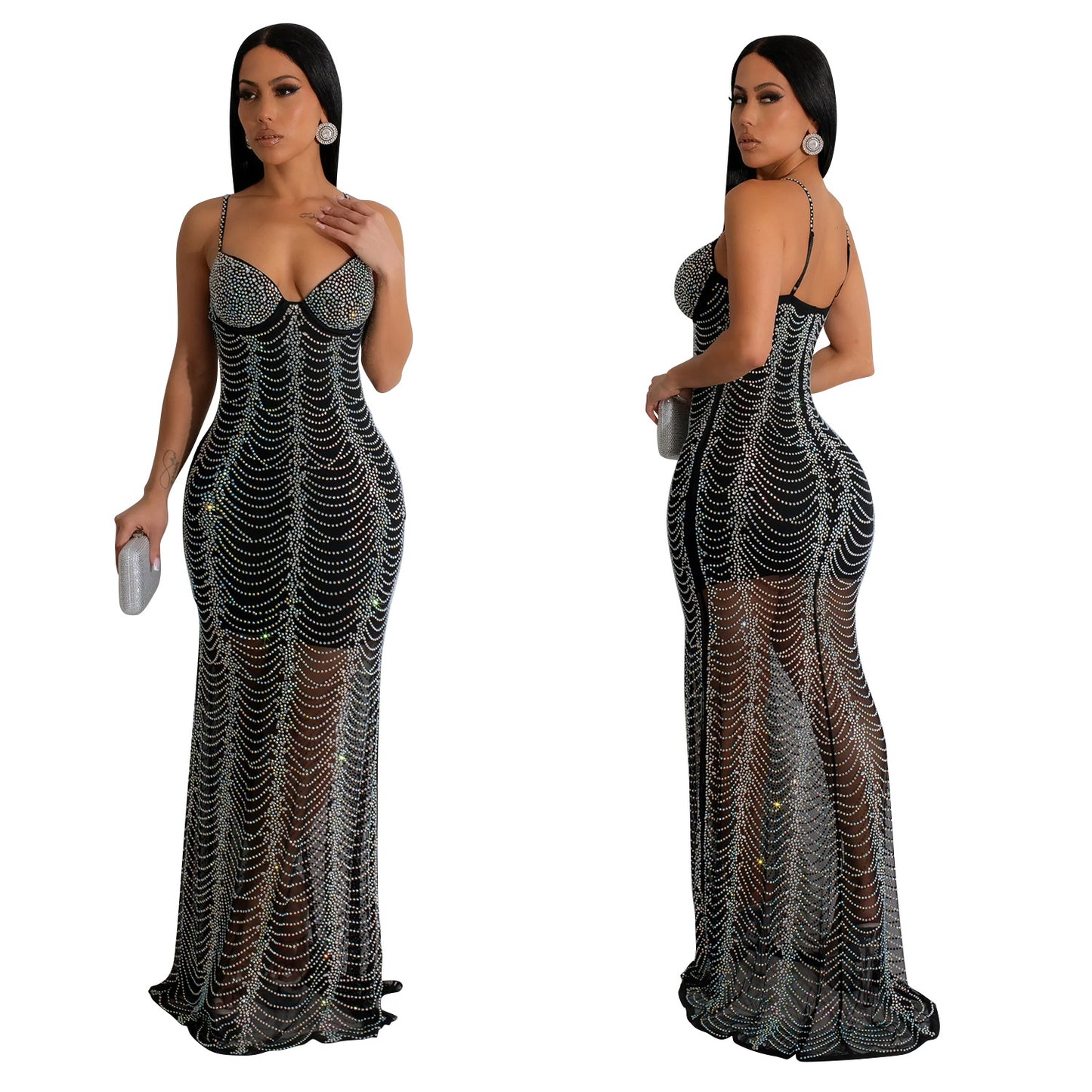 European And American Fashion Women's Pure Color Mesh Rhinestone Strap Dress