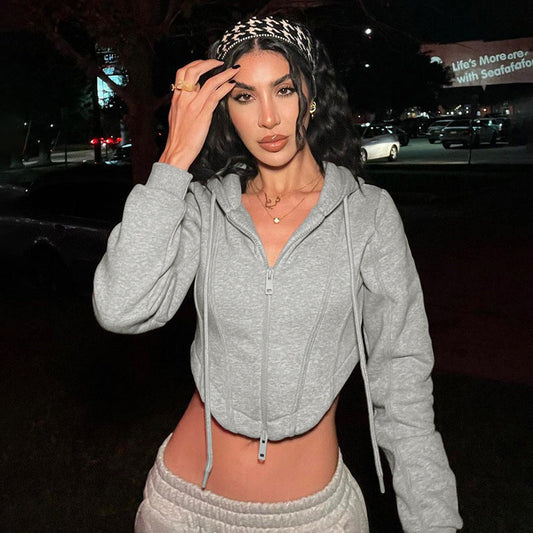 Women Clothing Fall Solid Color Short Zipper Cardigan Hoodie Coat