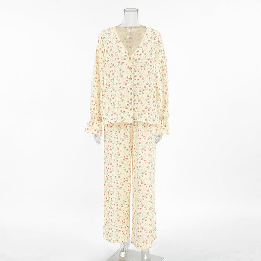 Loose Comfortable Homewear Spring Pure Cotton Printed Long Sleeved Trousers Comfortable Pajamas Women