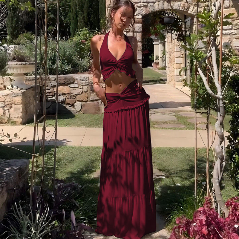 Women's V-neck Ruffled Halter Spaghetti Straps Detail Twisted Dress Suit