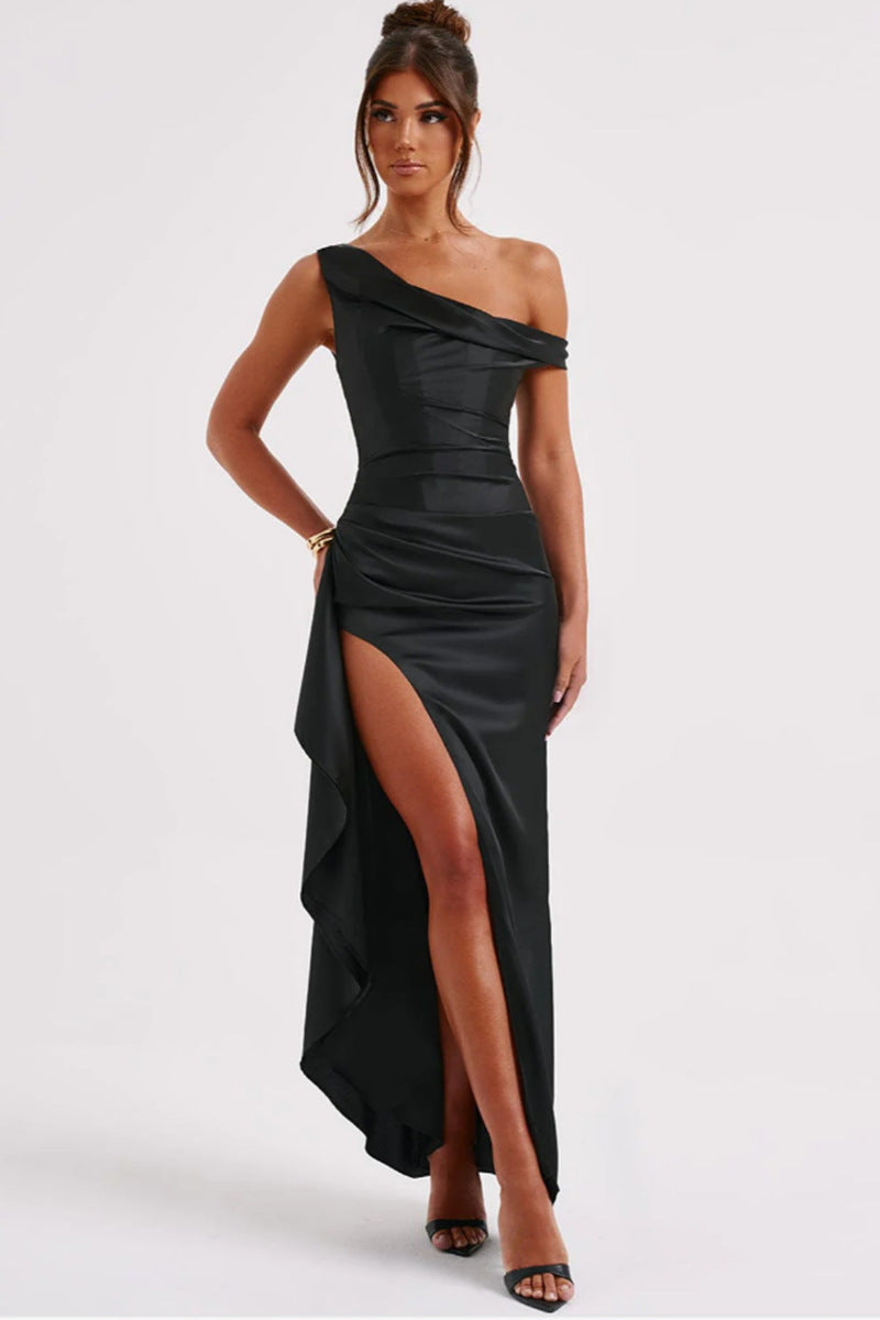 Women's Slant Shoulder Satin Waist sinching Long Dress