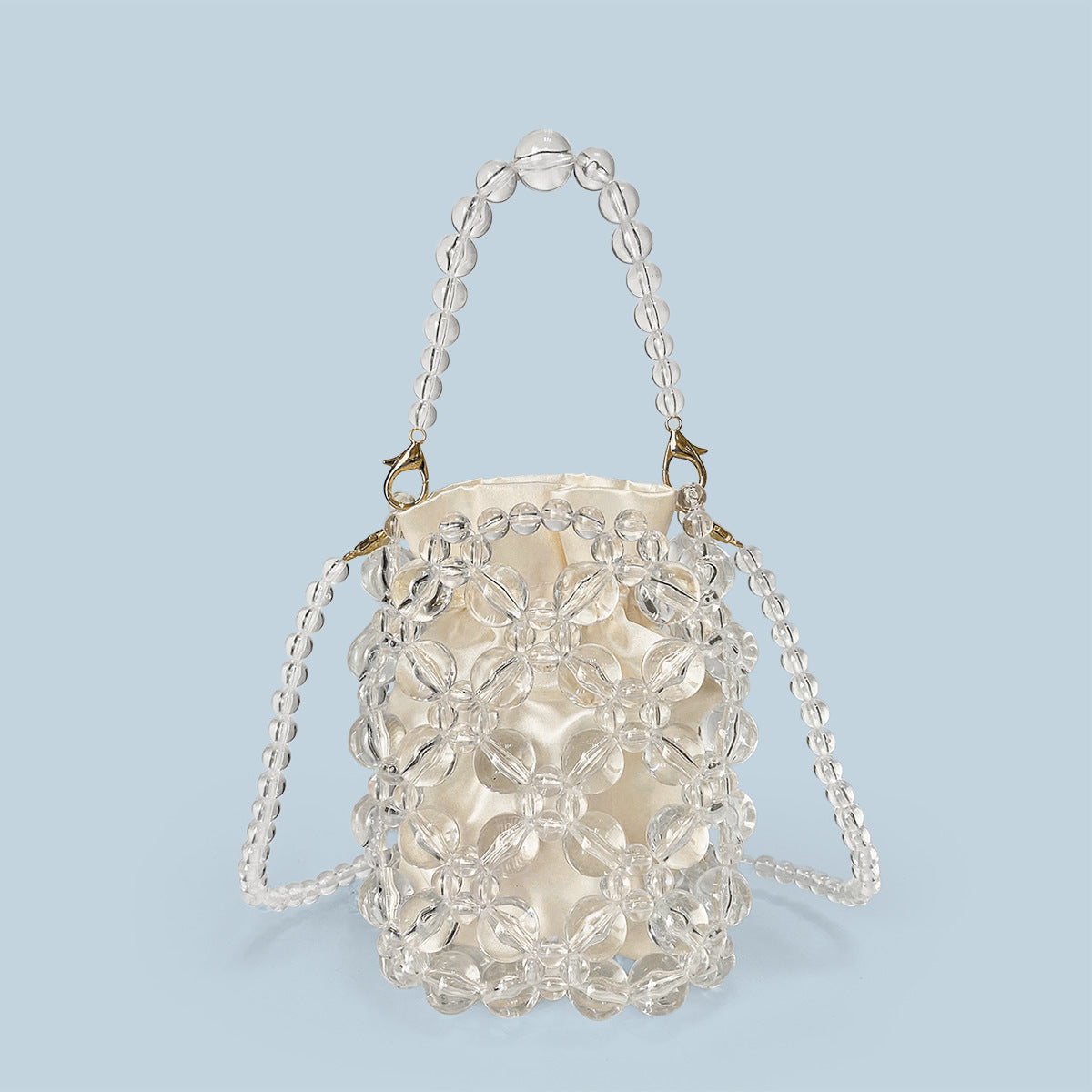 Transparent Irregular Asymmetric Hand Woven Acrylic Crystal String Beads Cocktail Mobile Phone Bag Cross Body Bucket Pouch