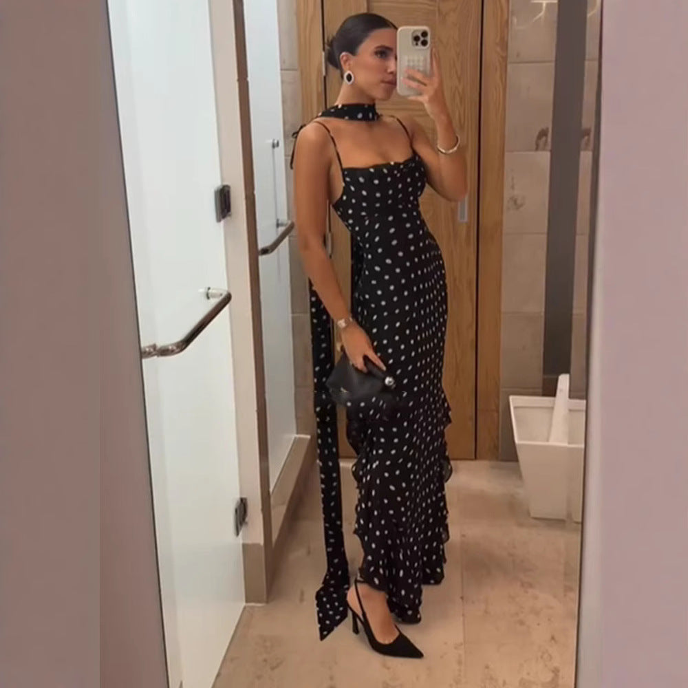 Sleeveless Polka Dot Scarf Ruffled Spaghetti Straps Dress set