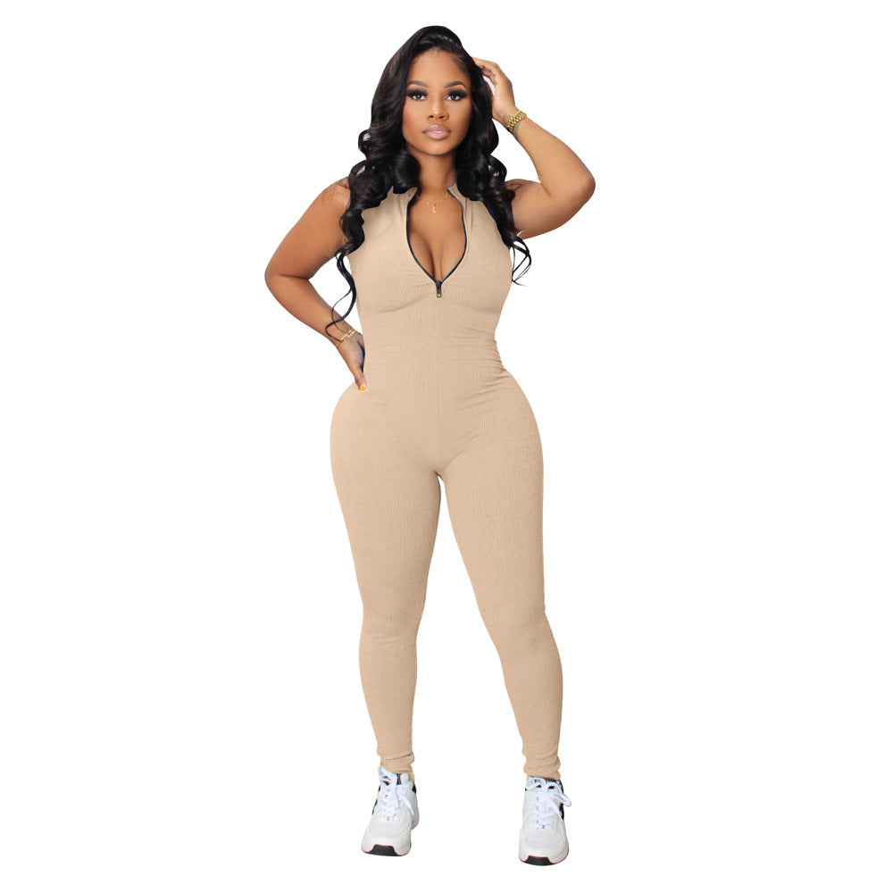 Women's Solid Color Stretch Small Sunken Stripe Zipper Jumpsuit