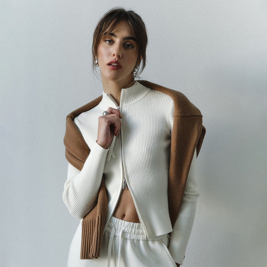 Stand up Collar Slim Fit Long Sleeved Coat Autumn Winter Double Zipper Cardigan Thermal Knitting Coat for Women